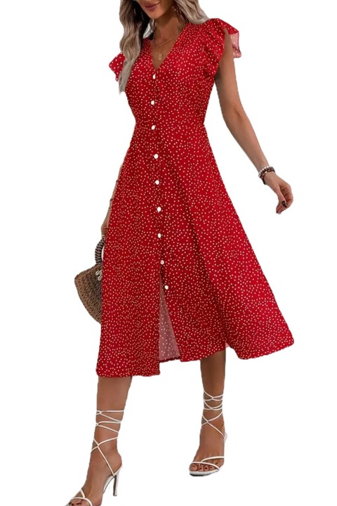 Rochie lejera de vara, cu nasturi de sus pana jos, cu buline, Rosu