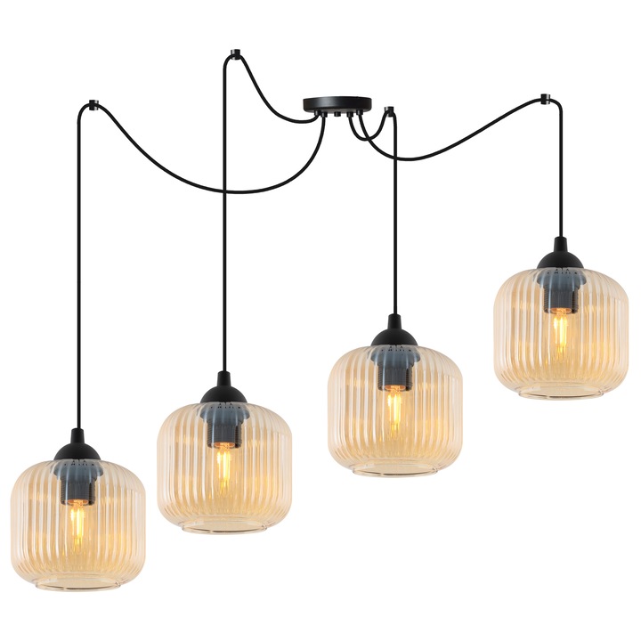 Lampa Suspendata, Light Home, Riffle, 15 x 15 Cm, 4 Puncte De Lumina, 230 V, Sticla, Abajur Sferic, Inaltime Reglabila, Design Modern, Miere/Negru, Constructie Metalica