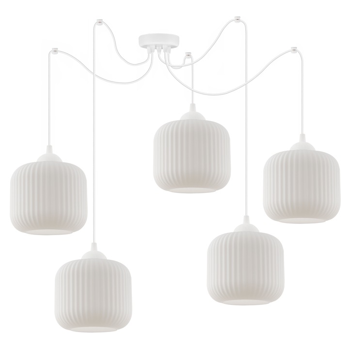 Висяща лампа, Light Home, Riffle, 15 x 15 Cm, 5 светлинни точки, 230 V, стъкло, цилиндричен абажур, регулируема височина, модерен дизайн, бяла, метална конструкция