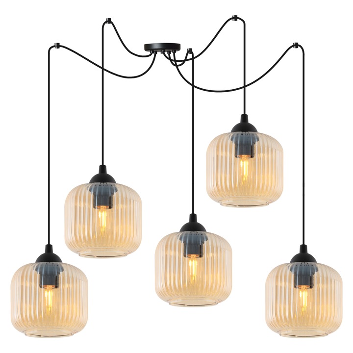 Lampa Suspendata, Light Home, Riffle, 15 x 15 Cm, 5 Puncte De Lumina, 230 V, Sticla, Abajur Cilindric, Inaltime Reglabila, Design Modern, Miere, Constructie Metalica