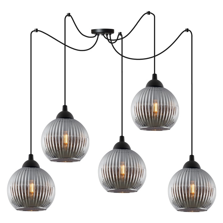 Полилей, Light Home, Riffle, 14 x 14 Cm, 5 светлинни точки, 230 V, стъкло, сферичен абажур, регулируема височина, модерен дизайн, графит, метална конструкция