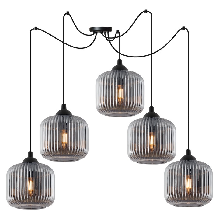 Полилей, Light Home, Riffle, 15 x 15 Cm, 5 светлинни точки, 230 V, стъкло, цилиндричен абажур, регулируема височина, модерен дизайн, графит, метална конструкция