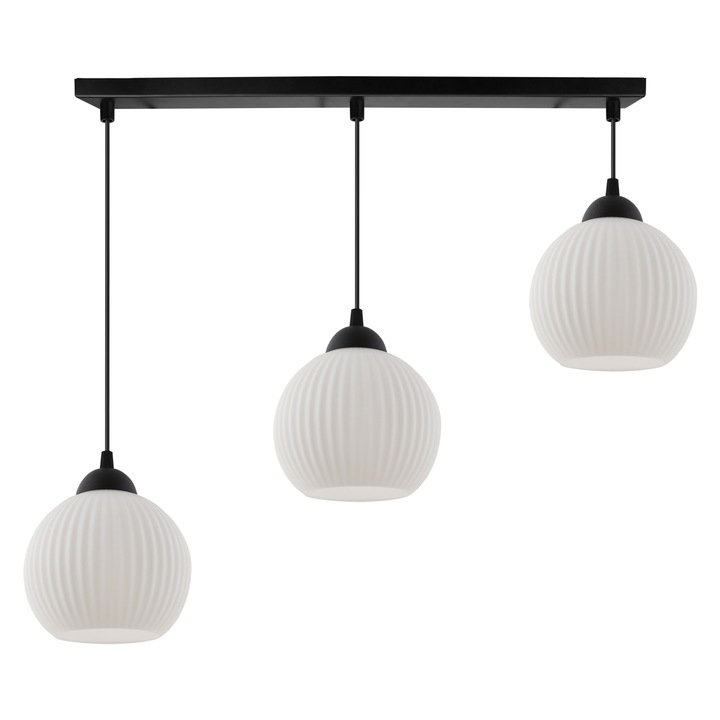 Lampa Suspendata, Light Home, Riffle, 14 x 14 Cm, 3 Puncte De Lumina, 230 V, Sticla, Abajur Sferic, Inaltime Reglabila, Design Modern, Alb/Negru
