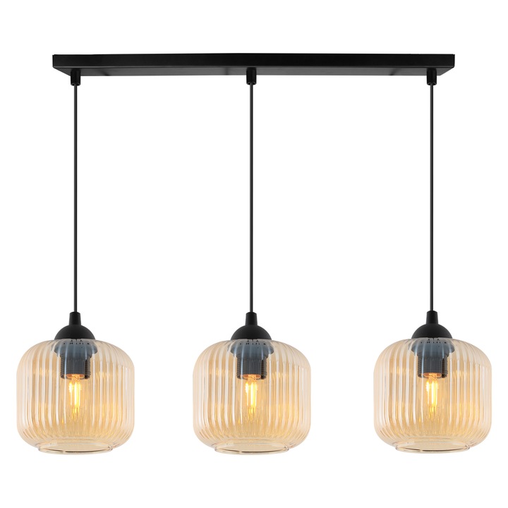Висяща лампа, Light Home, Riffle, 15 x 15 Cm, 3 светлинни точки, 230 V, стъкло, сферичен абажур, регулируема височина, модерен дизайн, меден/черен