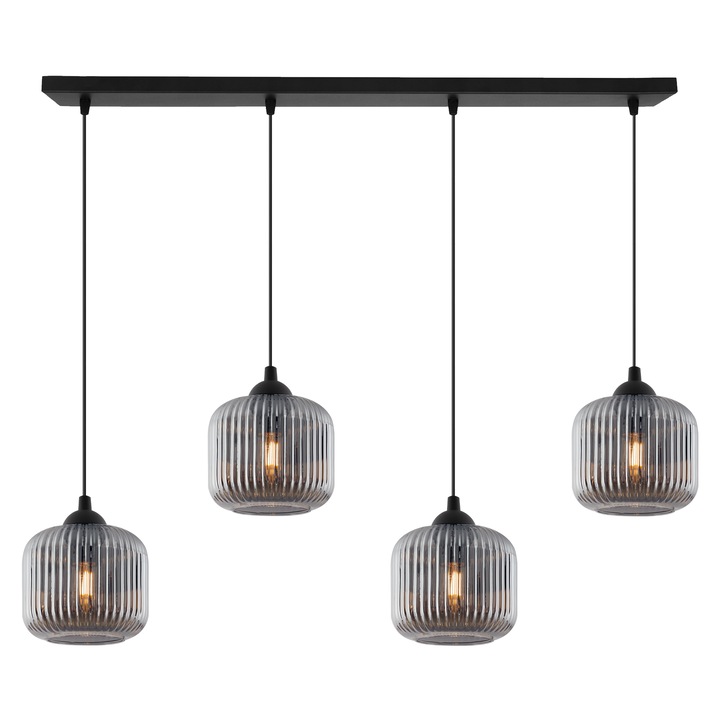 Пендел, Light Home, Riffle, 15 x 15 Cm, 4 светлинни точки, 230 V, стъкло, цилиндричен абажур, регулируема височина, модерен дизайн, графитено/черно