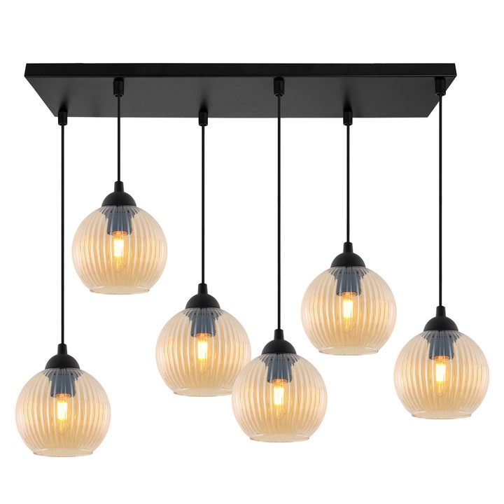 Полилей, Light Home, Riffle, 14 x 14 Cm, 5 светлинни точки, 230 V, стъкло, сферичен абажур, регулируема височина, модерен дизайн, меден/черен, метална конструкция