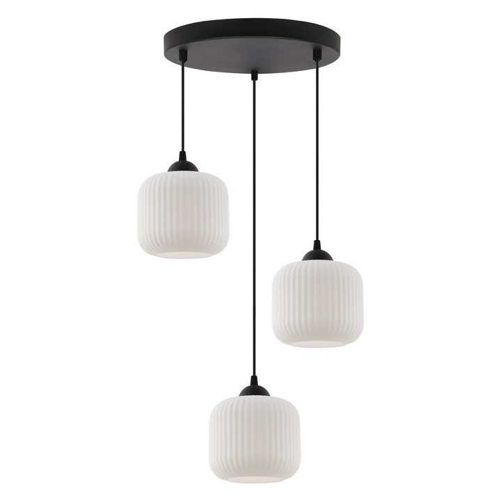 Висяща лампа, Light Home, Riffle, 15 x 15 x 30 cm, 3 светлинни точки, 230 V, стъкло, цилиндричен абажур, регулируема височина, модерен дизайн, черно/бяло