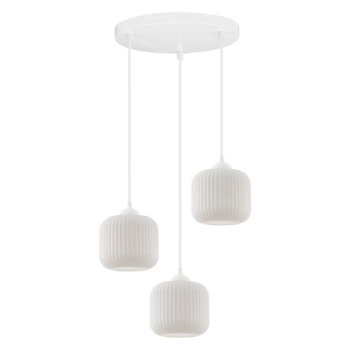 Lampa Suspendata, Light Home, Riffle, 15 x 15 x 30 Cm, 3 Puncte De Lumina, 230 V, Sticla, Abajur Cilindric, Inaltime Reglabila, Design Modern, Alb