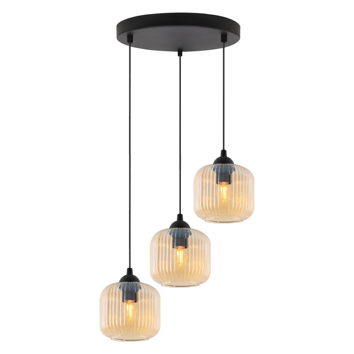 Lampa Suspendata, Light Home, Riffle, 15 x 15 x 30 Cm, 3 Puncte De Lumina, 230 V, Sticla, Abajur Cilindric, Inaltime Reglabila, Design Modern, Miere