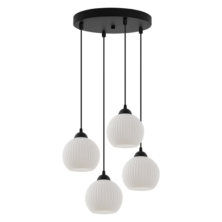 Висяща лампа, Light Home, Riffle, 14 x 14 x 30 cm, 4 светлинни точки, 230 V, стъкло, сферичен абажур, регулируема височина, модерен дизайн, черно/бяло
