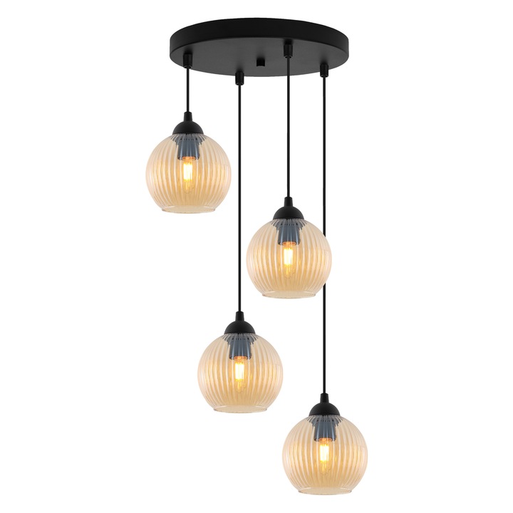 Lampa Suspendata, Light Home, Riffle, 14 x 14 x 30 Cm, 4 Puncte De Lumina, 230 V, Sticla, Abajur Sferic, Inaltime Reglabila, Design Modern, Miere/Negru