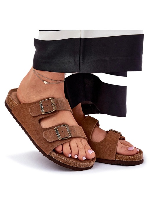 Papuci dama, Big Star, piele intoarsa, catarame, maro, 40 EU