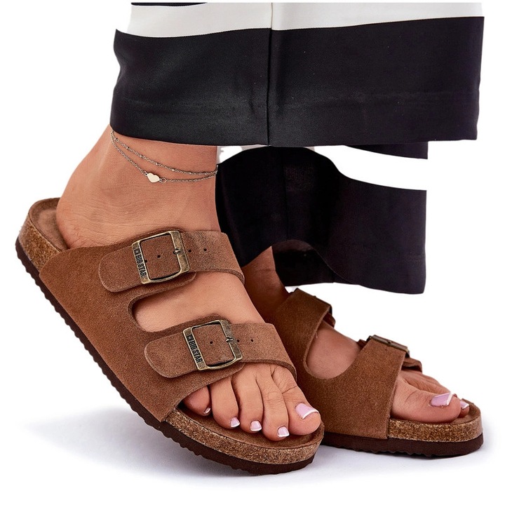 Slapi dama Big Star, piele intoarsa, platforma, curele reglabile, maro