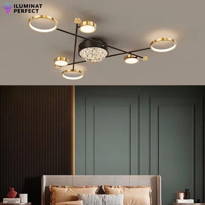 Lustra LED Eros, 138 W Cu Telecomanda, Dimabila, Negru, Auriu, Calda, Neutra Si Rece, Intensitate Reglabila, Dimensiuni (L, l, h) 108x108x15 Cm, Clasa Protectie IP21, montaj tavan