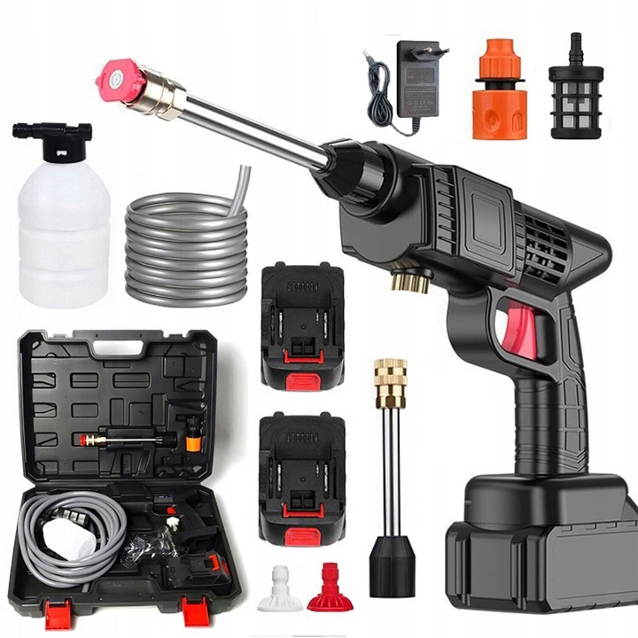 Aparat De Spalat Cu Presiune Portabil Pistol Ydene®, 88V, 800W, Pe Acumulator 3000mAh, 22 bar, cu Recipient Spuma, 3 Jeturi Diferite, 2x Baterie, 5m furtun, Geanta De Transport, Negru, Set Complet - pentru Masina, Garduri, Terase si Patio