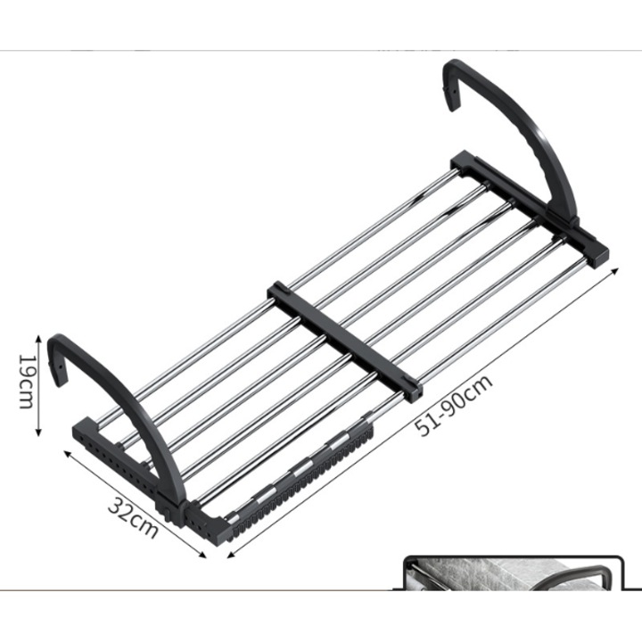 Ruhaszárító, kihúzható, rozsdamentes acélból, 51-95 cm, 38x19cm, zoknicsipesz készlet