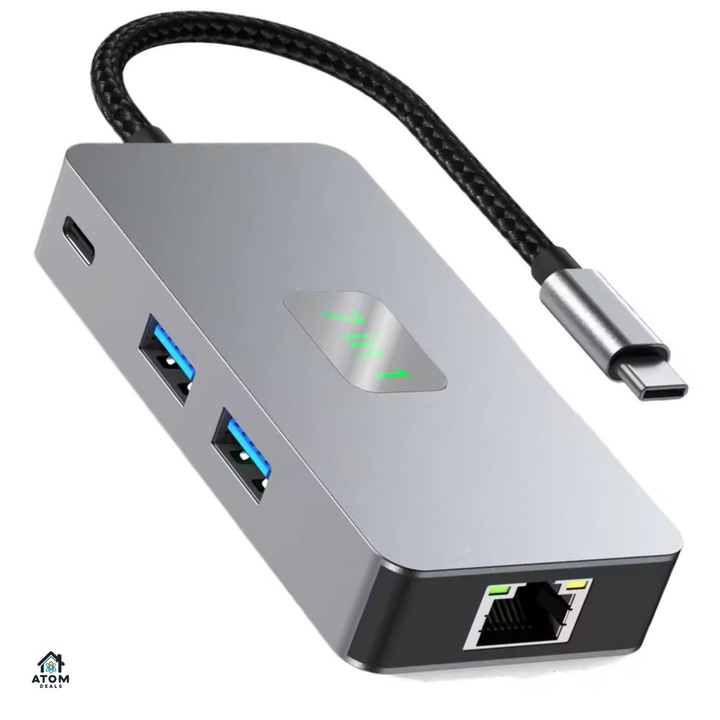 Hub USB-C 7 in 1 ATOM Deals®, gri deschis, PD 100W, HDMI 4K 60Hz, 2 x USB 3.2, Ethernet 2500Mbps, cititor SD TF, transfer ultra rapid, docking station aluminiu pentru laptop, MacBook, PC