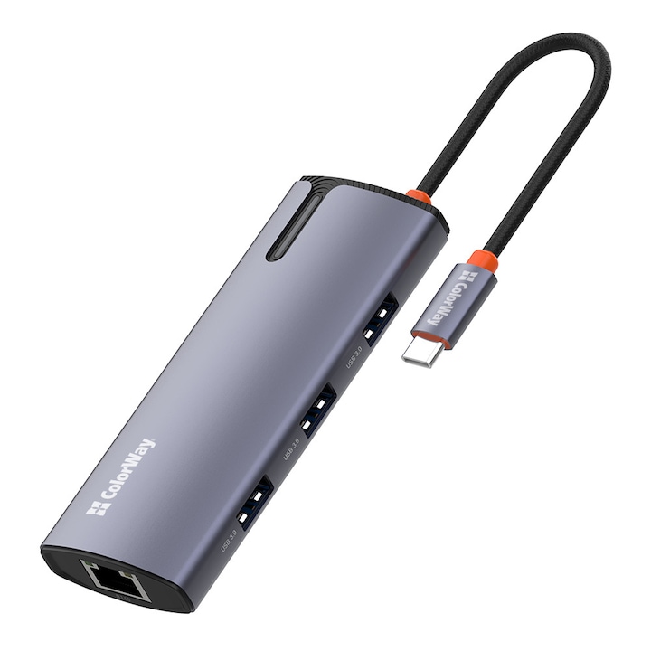 Докинг станция, USB, Type-C, RJ45, 5A, кабел 0,17 м - ColorWay (CW-HUB03) - сребрист