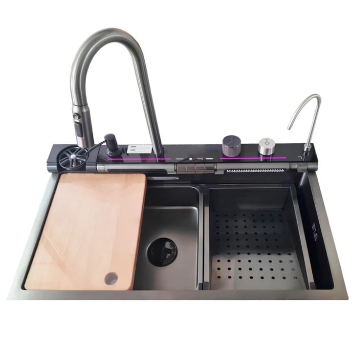 Chiuveta bucatarie cu protectie nanoceramica, multifunctionala, afisaj led, baterie cu dus extractabil, 2 cascade reglabile, dispozitiv spalare pahare, dozator sapun, baterie filtru apa, 2 tavite uscare, tocator lemn, cuva 75x45 cm, adancime 22 cm, gri