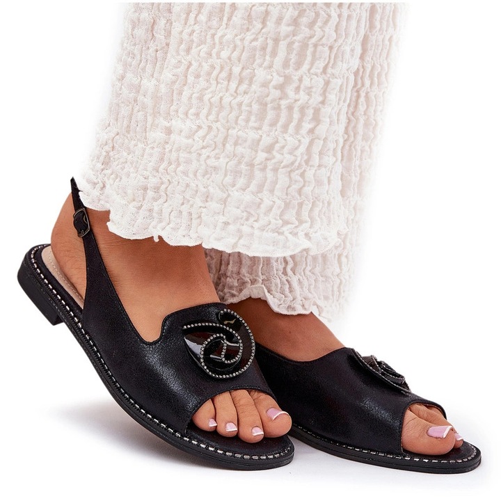 Sandale dama, S.BARSKI, piele ecologica, toc plat, negru