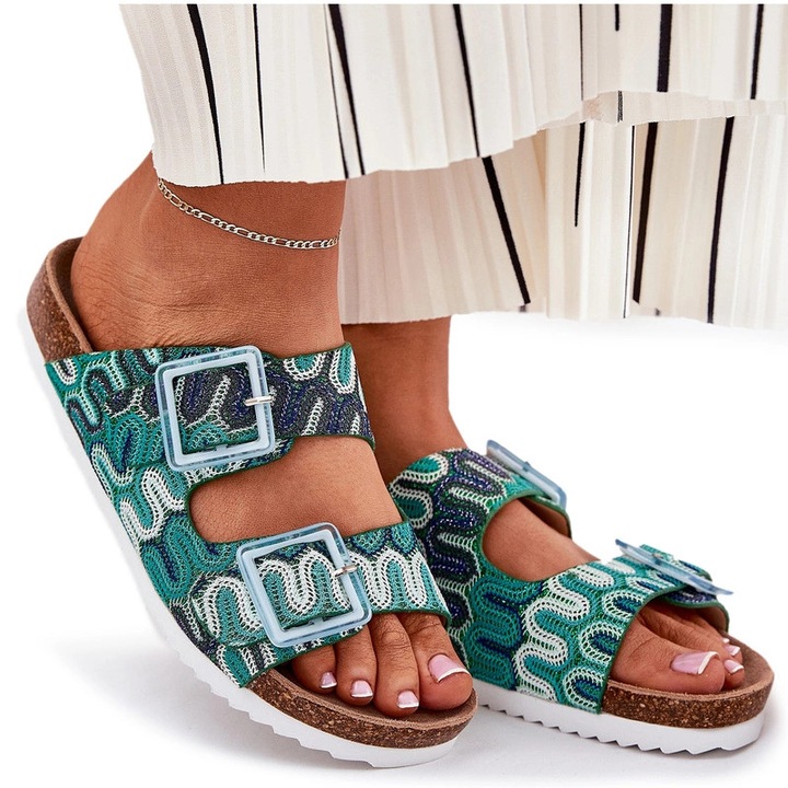 Slapi dama S.BARSKI, model cu catarame, verde, material textil, platforma din pluta