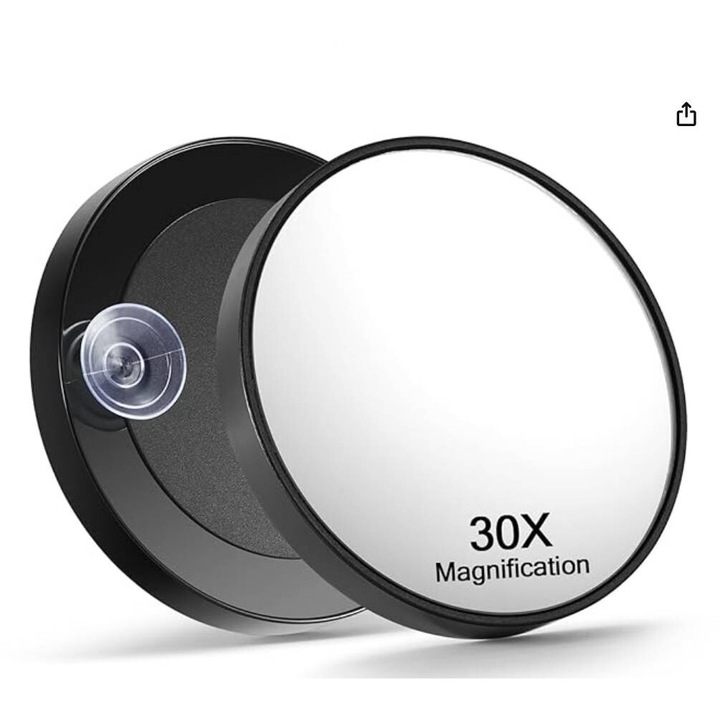 Oglinda cosmetica cu lupa 30x, rotunda, cu 2 ventuze, neagra, 8.8 cm