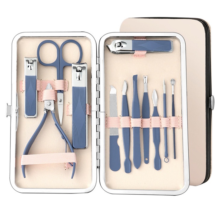 Комплект за маникюр 12 части, ноктопластика, неръждаема стомана, 15.2 см * 8.2 см, син