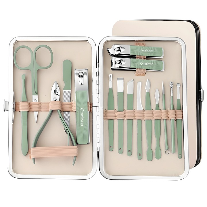 Комплект за нокти от 16 части, МАНИКЮР, Неръждаема стомана, 15,2 см * 11 см, Зелен