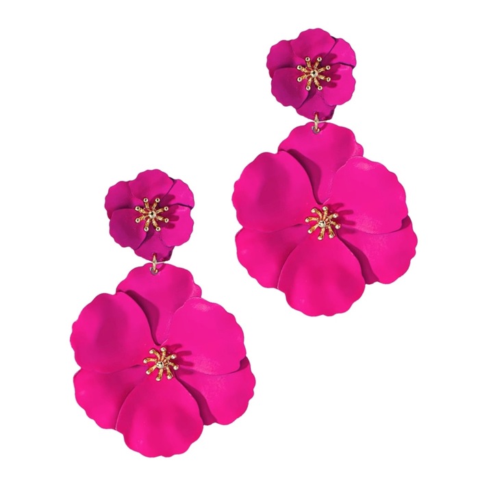 Vibráló neon fülbevaló, FUCHSIA rózsaszín virágok, hosszú, arany, dekoratív