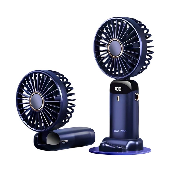 Ventilator portabil, 3 in 1, portabil, desktop, suport telefon mobil, 5 viteze, pliabil, cu ecran LCD, albastru, 1200 mAh