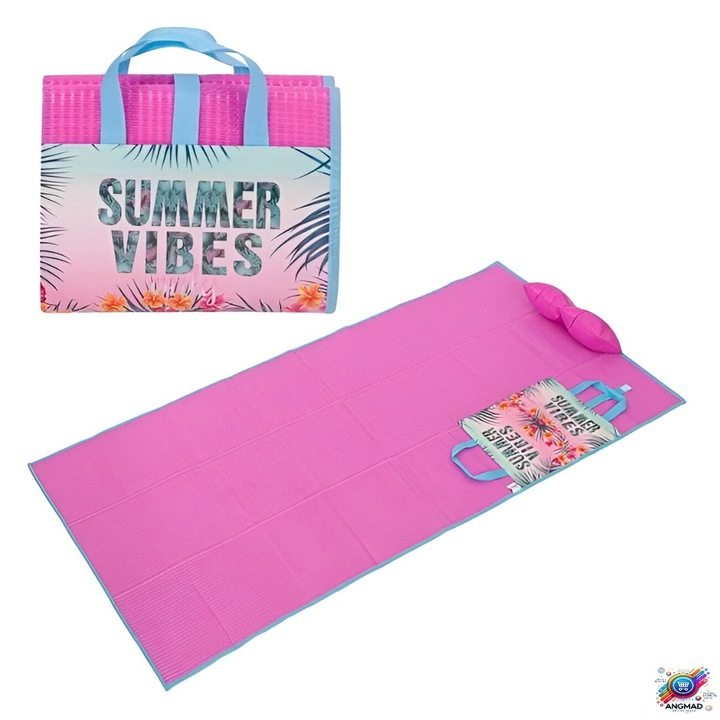 Плажна постелка ANGMAD с надуваема възглавница, сгъваема, лесна за транспортиране, изработена от полипропилен, многоцветно розово, размер: 180x86см