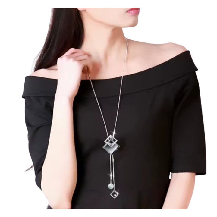 Colier Elegant Dama, CRM, Lant Auriu cu Pandantiv Patrat Gri, Lungime 75 cm