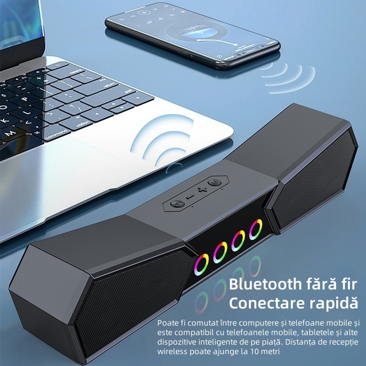 Difuzor bar, Bluetooth, efect de iluminare RGB, calitate sunet HIFI, card TF, AUX, USB, compatibilitate larga, plug and play, negru