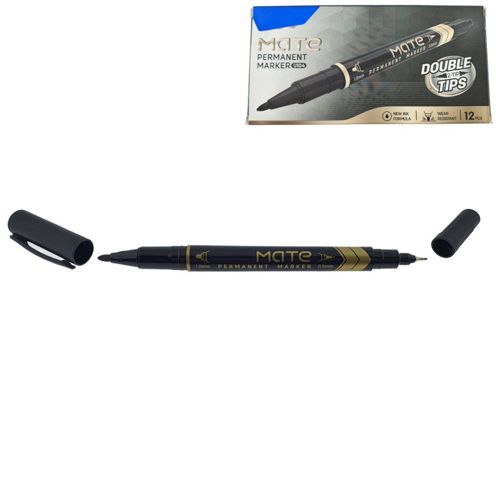 Set 12 markere permanente negre cu 2 varfuri de 0.5mm si 1mm, pentru suprafete diverse Rotund