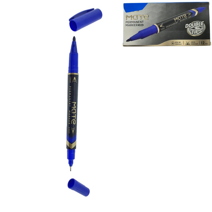 Set 12 markere permanente albastre cu 2 varfuri de 0.5mm si 1mm, pentru suprafete diverse Rotund