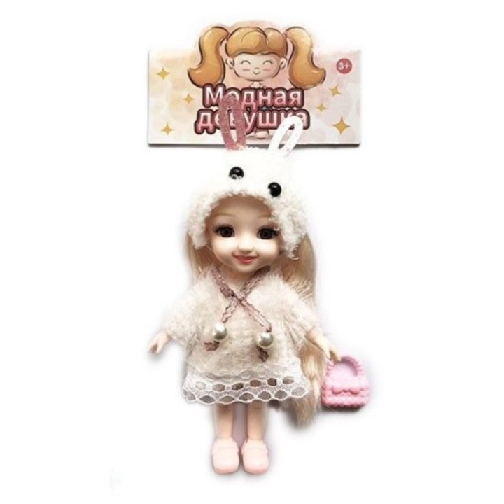 Divat lány baba, ruhával, táskával, mozgatható izületekkel, fehér