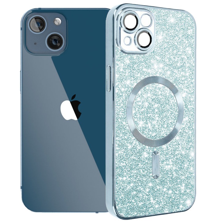 Husa tip MagSafe pentru Apple iPhone 13, Glitter MagCase, Sclipici integrat, Protectie lentile camere, Rama electroplacata, Accente metalizate, Margini ridicate, Incarcare wireless, Magnetica, Albastru deschis