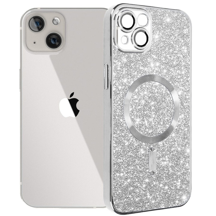 Husa tip MagSafe pentru Apple iPhone 13, Glitter MagCase, Sclipici integrat, Protectie lentile camere, Rama electroplacata, Accente metalizate, Margini ridicate, Incarcare wireless, Magnetica, Argintiu