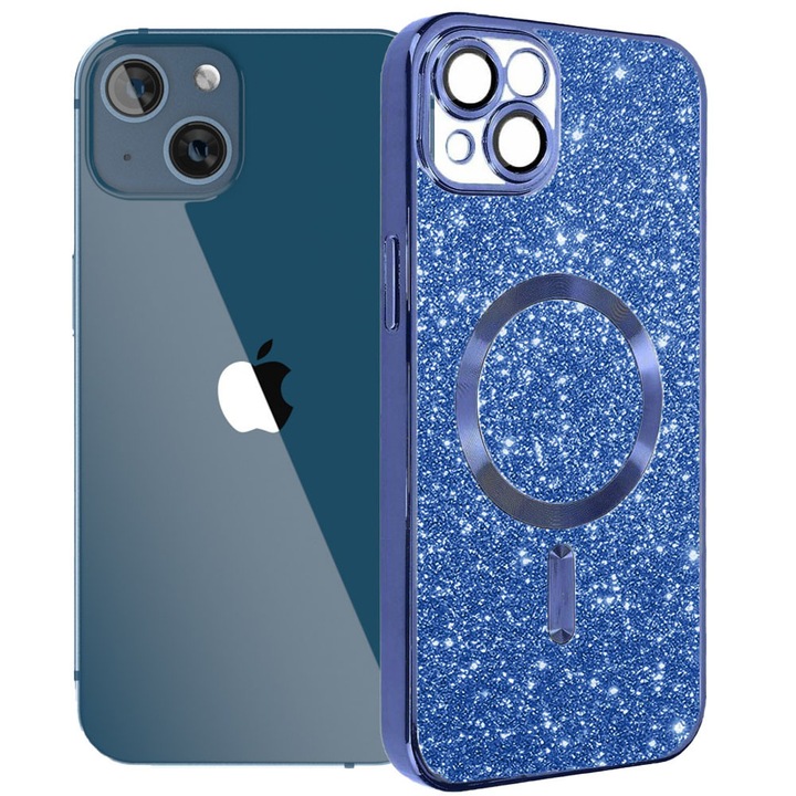 Husa tip MagSafe pentru Apple iPhone 13, Glitter MagCase, Sclipici integrat, Protectie lentile camere, Rama electroplacata, Accente metalizate, Margini ridicate, Incarcare wireless, Magnetica, Albastru inchis