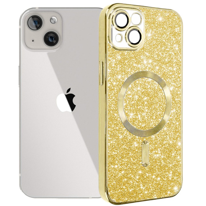 Husa tip MagSafe pentru Apple iPhone 13, Glitter MagCase, Sclipici integrat, Protectie lentile camere, Rama electroplacata, Accente metalizate, Margini ridicate, Incarcare wireless, Magnetica, Auriu