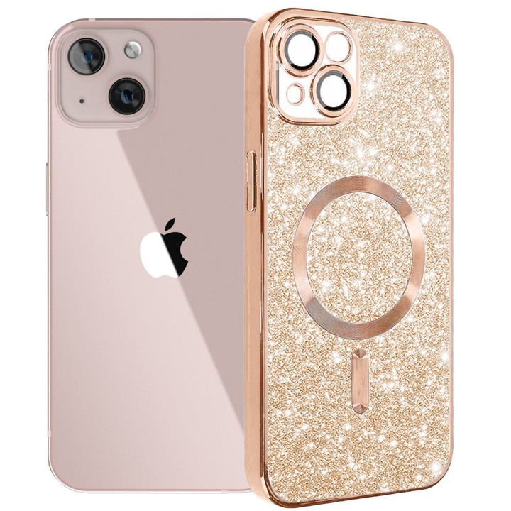 Husa tip MagSafe pentru Apple iPhone 13, Glitter MagCase, Sclipici integrat, Protectie lentile camere, Rama electroplacata, Accente metalizate, Margini ridicate, Incarcare wireless, Magnetica, Roz deschis