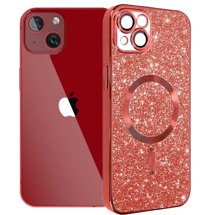 Husa tip MagSafe pentru Apple iPhone 13, Glitter MagCase, Sclipici integrat, Protectie lentile camere, Rama electroplacata, Accente metalizate, Margini ridicate, Incarcare wireless, Magnetica, Rosu
