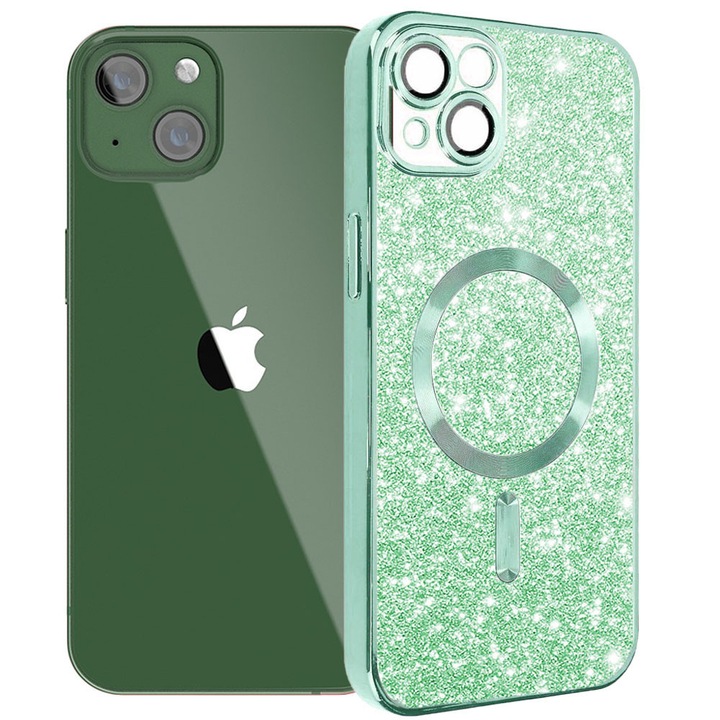 Husa tip MagSafe pentru Apple iPhone 13, Glitter MagCase, Sclipici integrat, Protectie lentile camere, Rama electroplacata, Accente metalizate, Margini ridicate, Incarcare wireless, Magnetica, Verde deschis