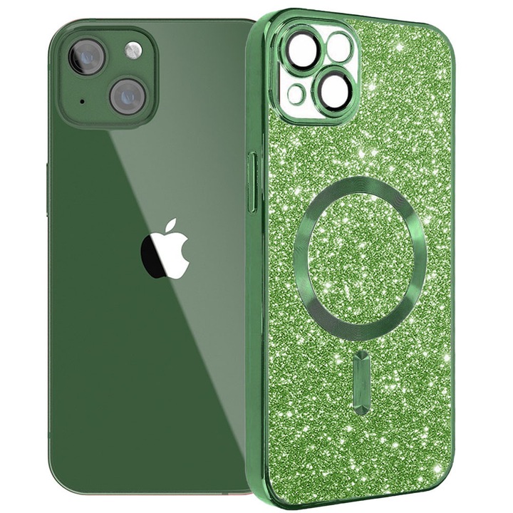Husa tip MagSafe pentru Apple iPhone 13, Glitter MagCase, Sclipici integrat, Protectie lentile camere, Rama electroplacata, Accente metalizate, Margini ridicate, Incarcare wireless, Magnetica, Verde inchis