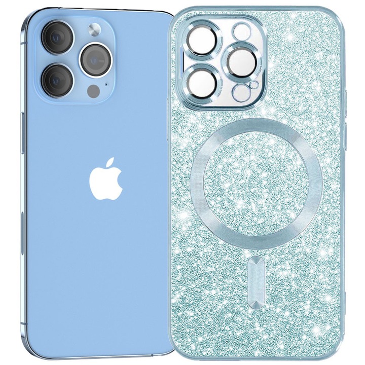 Husa tip MagSafe pentru Apple iPhone 13 Pro, Glitter MagCase, Sclipici integrat, Protectie lentile camere, Rama electroplacata, Accente metalizate, Margini ridicate, Incarcare wireless, Magnetica, Albastru deschis