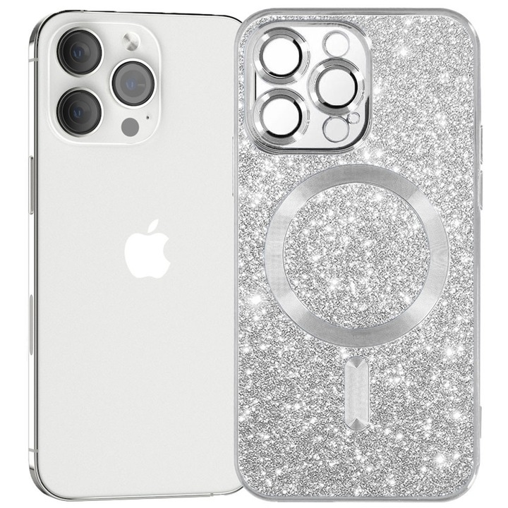 Husa tip MagSafe pentru Apple iPhone 13 Pro Max, Glitter MagCase, Sclipici integrat, Protectie lentile camere, Rama electroplacata, Accente metalizate, Margini ridicate, Incarcare wireless, Magnetica, Argintiu