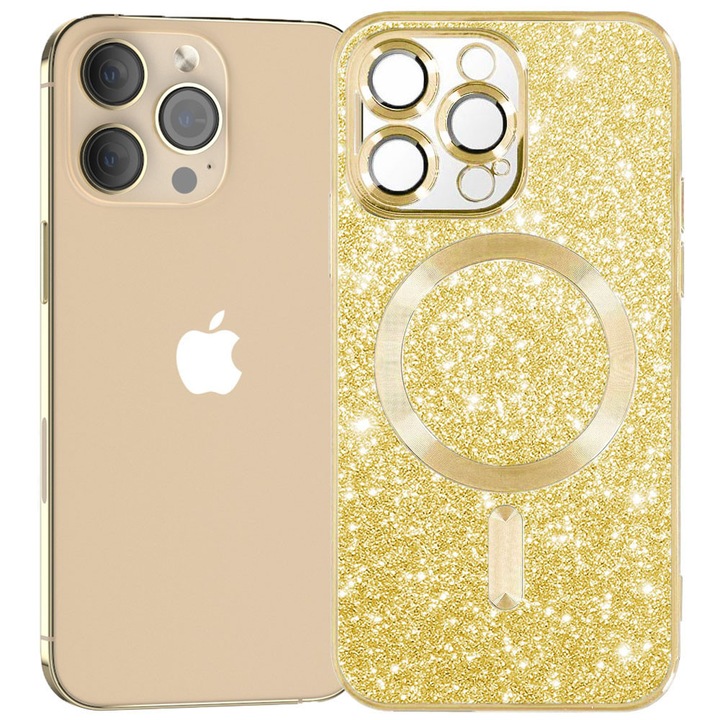 Husa tip MagSafe pentru Apple iPhone 13 Pro Max, Glitter MagCase, Sclipici integrat, Protectie lentile camere, Rama electroplacata, Accente metalizate, Margini ridicate, Incarcare wireless, Magnetica, Auriu