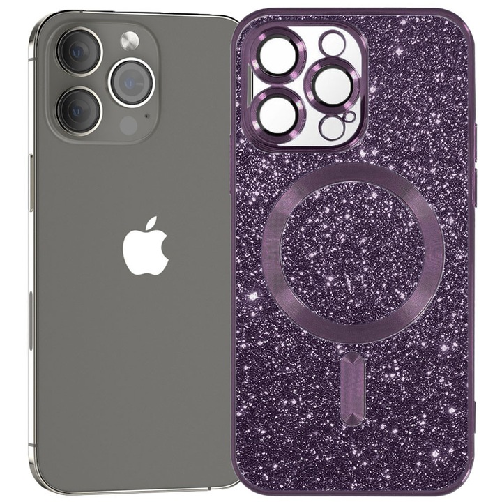 Husa tip MagSafe pentru Apple iPhone 13 Pro Max, Glitter MagCase, Sclipici integrat, Protectie lentile camere, Rama electroplacata, Accente metalizate, Margini ridicate, Incarcare wireless, Magnetica, Mov inchis
