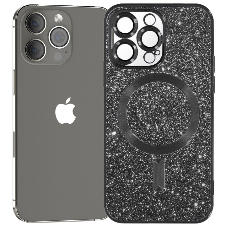 Husa tip MagSafe pentru Apple iPhone 13 Pro Max, Glitter MagCase, Sclipici integrat, Protectie lentile camere, Rama electroplacata, Accente metalizate, Margini ridicate, Incarcare wireless, Magnetica, Negru