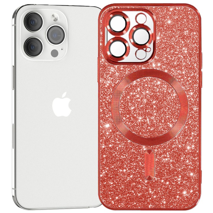 Husa tip MagSafe pentru Apple iPhone 13 Pro, Glitter MagCase, Sclipici integrat, Protectie lentile camere, Rama electroplacata, Accente metalizate, Margini ridicate, Incarcare wireless, Magnetica, Rosu